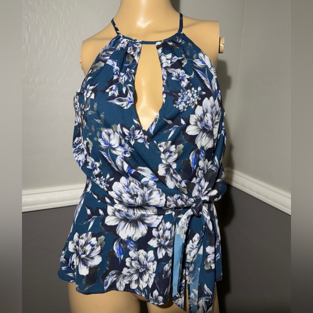 PARKER Drape Front Keyhole Top Blouse Floral Blue Everglade Gardens Size XS